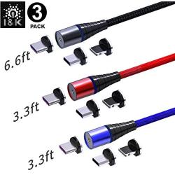 Magnetic Charging Cable, I&K, Fast Charging Cable, 360° Rotation Magnetic Phone USB Cable, Compatible with Mirco USB, Type C Smartphone and iProduct Device (3 pack1 6.6+2 3.3ft 3 Colors) (6.6 ft)