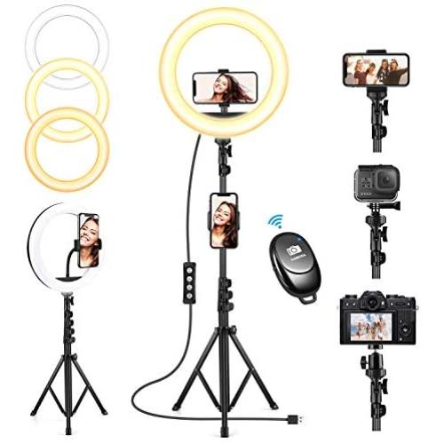 10 Selfie Ring Light with Tripod Stand, Upgraded Dimmable Camera LED Ring Light with 3 Phone Holder for TikTok/YouTube/Live Stream/Vlog/Makeup/Camera/Photography Compatible with iPhone Android