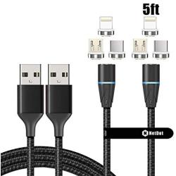 NetDot Gen12 3 in 1 Magnetic Fast Charging Data Transfer Cable Compatible with Micro USB & USB-C Smartphones and i-Product(5ft/2 Pack Black)