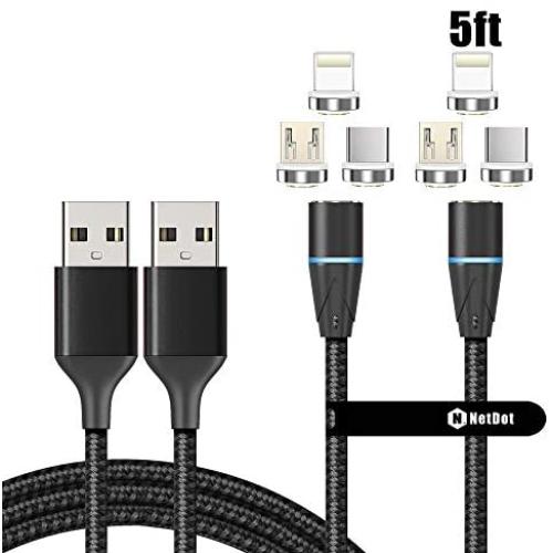 NetDot Gen12 3 in 1 Magnetic Fast Charging Data Transfer Cable Compatible with Micro USB & USB-C Smartphones and i-Product(5ft/2 Pack Black)