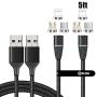 NetDot Gen12 3 in 1 Magnetic Fast Charging Data Transfer Cable Compatible with Micro USB & USB-C Smartphones and i-Product(5ft/2 Pack Black)