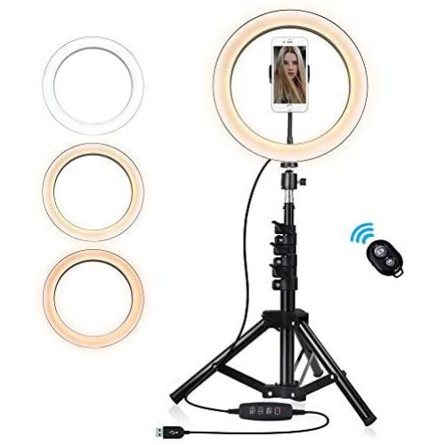 10-inch Selfie Ring Light with Tripod Stand & Cell Phone Holder, Dimmable Camera Light for Makeup Video Vlog,3 Colors Optional - Warm,White,Yellow