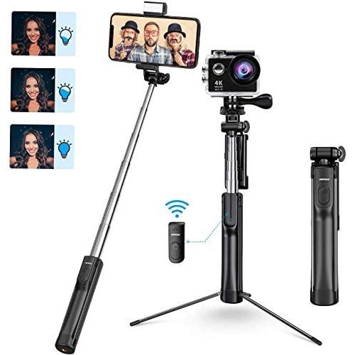 Mpow Selfie Stick Tripod, All in 1 Portable Extendable Selfie Stick with Bluetooth Remote & Fill Light, Compatible iPhone 11/11PRO/XS Max/XS/XR/X/8P/7P, Galaxy S20/S10/S9/S8 Gopro/Small Camera, Black