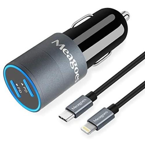 Meagoes USB C Fast Car Charger, Compatible for iPhone 11 Pro Max/11 Pro/11/XS MAX/XS/XR/X/8 Plus/8/iPad Mini 5/Air 3, Dual 18W Power Delivery Ports Adapter with 3.3ft MFi Certified Lightning Cable