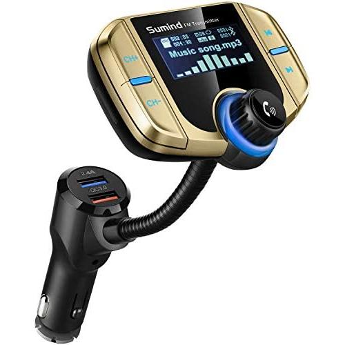 (Upgraded Version) Sumind Car Bluetooth FM Transmitter, Wireless Radio Adapter Hands-Free Kit with 1.7 Inch Display, QC3.0 and Smart 2.4A USB Ports, AUX Output, TF Card Mp3 Player (Golden)