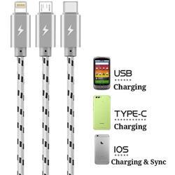 2Pack ASICEN Multiple Fast Charging Cable, Multi Charger Cord Nylon Braided 10ft/3m 3 in 1 USB Charge Cord with Phone/Type C/Micro USB Connector for Phone/Galaxy S9/S8/S7/Hawei and More (Gray-Black)