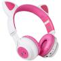 Bluetooth Headphones, Riwbox CT-7 Cat Ear LED Light Up Wireless Foldable Headphones Over Ear with Microphone and Volume Control for iPhone/iPad/Smartphones/Laptop/PC/TV (White&Pink)