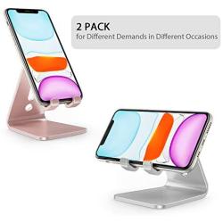 Cell Phone Stand, OMOTON [2 Pack] Phone Holder for Desk, Aluminum Mobile Phone Cradle Dock Compatible with All iPhone and Android Smartphone (Silver&Rose Gold)