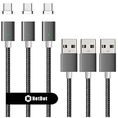 Netdot Gen7 Nylon Braided USB-C Magnetic Fast Charging Cable Compatible with Type-C Smartphone(3.3ft USB-C/3 Pack Gray)