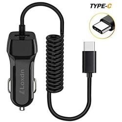 Loxdn Car Charger, USB Port Car Charge Adapter with Built-in Coiled Type C Charging Cable Compatible with Samsung Galaxy S10/S9/Note Series Pixel 3XL LG Nexus HTC and More