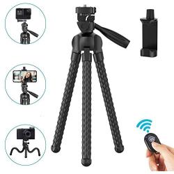 Phone Tripod Flexible Upgraded, 11" Portable Cell Phone Camera Travel Tripod Stand with Wireless Remote Shutter and Universal Phone Mount, Compatible with iPhone, Android Phones, Sports Camera GoPro