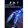 LED Flowing Magnetic Charger Blue Cable Light Up Candy Moving Party Shining Charger Phone Charging Cable Magnetic streamer absorption USB Snap Quick Connect 3 in 1 USB Cable (1 Cable+3 Magnetic Plugs)