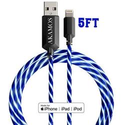 Light up iPhone Charger {MFI Apple Certified} AKAMOS 5ft LED iPhone Charger with Flowing led, USB to Lightning Cable with Quick Charge, Compatible with Phone11/11pro Max/XR/8/8Plus/7/6(Flowing Blue)