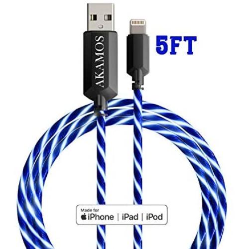 Light up iPhone Charger {MFI Apple Certified} AKAMOS 5ft LED iPhone Charger with Flowing led, USB to Lightning Cable with Quick Charge, Compatible with Phone11/11pro Max/XR/8/8Plus/7/6(Flowing Blue)