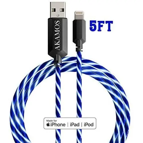 Light up iPhone Charger {MFI Apple Certified} AKAMOS 5ft LED iPhone Charger with Flowing led, USB to Lightning Cable with Quick Charge, Compatible with Phone11/11pro Max/XR/8/8Plus/7/6(Flowing Blue)
