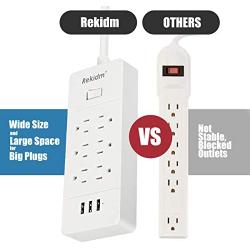 Power Strip with USB Ports - Rekidm 1875W 15A Power Strip Surge Protector 6 Outlets and 3 USB Ports with On/Off Switch - Safe and Durable High Conductivity Copper Design - 5ft Extension Cord 100-240V