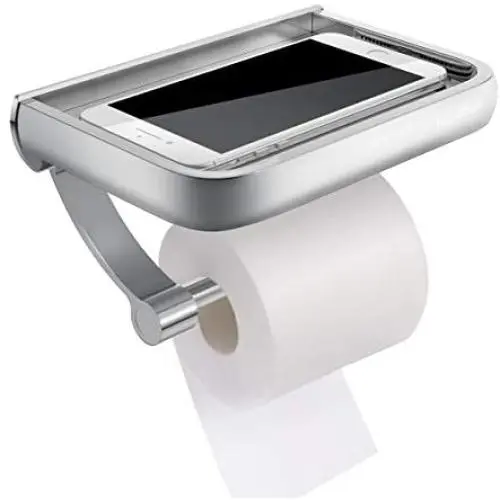 Homemaxs Toilet Paper Holder with Shelf, Anti-Rust Aluminum Toilet Roll Holder with Phone Shelf for All Mobile Phone, Wall Mounted Bathroom Tissue Holder for Smartphone and Flushable Baby Wipes Homemaxs Toilet Paper Holder with Shelf, Anti-Rust Aluminum Toilet Roll Holder with Phone Shelf for All Mobile Phone, Wall Mounted Bathroom Tissue Holder for Smartphone and Flushable Baby Wipes