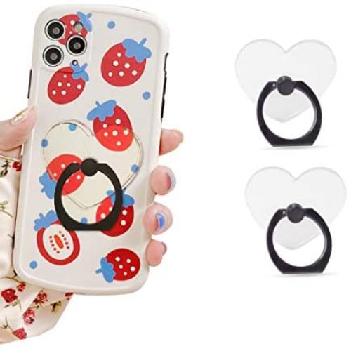 Transparent Phone Ring Heart Cell Phone Ring Holder Clear Finger Ring Stand Grips Compatible iPhones and Andriod Phones Set of 2 (Black)