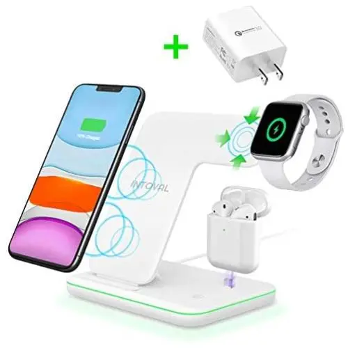 Intoval Wireless Charger,3 in 1 Wireless Charging Station for Apple Watch/Airpods,Qi Certified Wireless Charging Stand for iPhone 11/11 Pro/XS Max/XS XR All Qi-Enabled Phones.(with AC Adapter) Intoval Wireless Charger,3 in 1 Wireless Charging Station for Apple Watch/Airpods,Qi Certified Wireless Charging Stand for iPhone 11/11 Pro/XS Max/XS XR All Qi-Enabled Phones.(with AC Adapter)