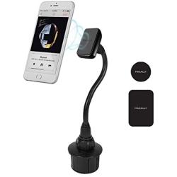 Macally Car Cup Holder Magnetic Phone Mount with for Extra Long Neck & 2 Metal Plates for iPhone 11 Max Pro Xs Max XR X 8 Plus 7 Plus 6S 6 Plus, Samsung Galaxy S10 S9 Note & Most Cell Phones