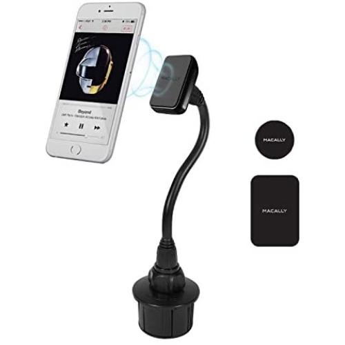 Macally Car Cup Holder Magnetic Phone Mount with for Extra Long Neck & 2 Metal Plates for iPhone 11 Max Pro Xs Max XR X 8 Plus 7 Plus 6S 6 Plus, Samsung Galaxy S10 S9 Note & Most Cell Phones
