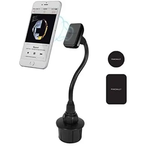 Macally Car Cup Holder Magnetic Phone Mount with for Extra Long Neck & 2 Metal Plates for iPhone 11 Max Pro Xs Max XR X 8 Plus 7 Plus 6S 6 Plus, Samsung Galaxy S10 S9 Note & Most Cell Phones