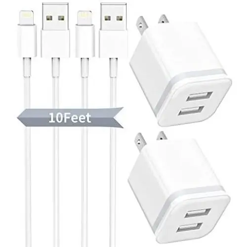 ADOIFER Phone Charger 10 FT with Wall Plug 4-Pack, Phone Charging Cable Cord 10ft and Dual Port USB Block Cube Adapter Compatible with iPhone 11 Pro XS XS Max XR X 8 7 6 6S Plus 5S 5 5C SE, Pad, Pod ADOIFER Phone Charger 10 FT with Wall Plug 4-Pack, Phone Charging Cable Cord 10ft and Dual Port USB Block Cube Adapter Compatible with iPhone 11 Pro XS XS Max XR X 8 7 6 6S Plus 5S 5 5C SE, Pad, Pod