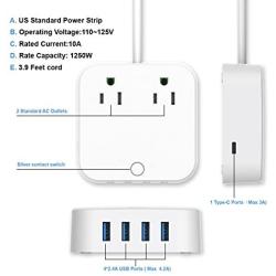 Power Strip Surge Protector with Type-C Charging Port (5V/3A) & 4 USB Ports (5V/2.4A), Portable Travel Charger Station, 4ft Heavy Duty Extension Cord, USB C Not for Laptops