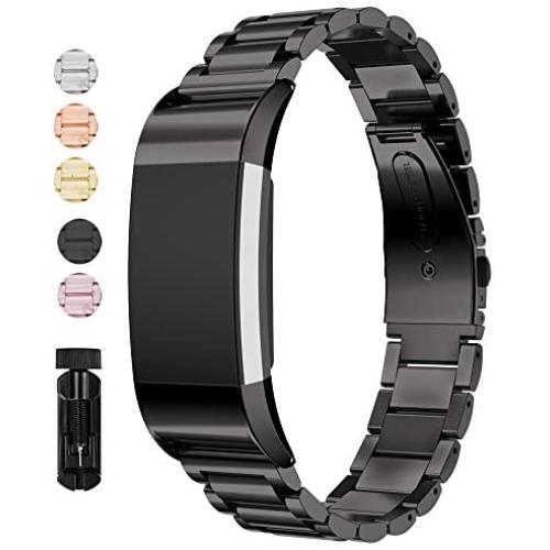 Jiarusig Compatible with Fitbit Charge 2 Bands, Stainless Steel Metal Bands Strap Men Women Replacement Bracelet Small Large Wristband Accessories Band Compatible with Fitbit Charge 2, Black