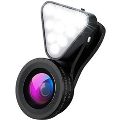 AMIR Cell Phone Lens with Beauty LED Flash Light, 15X Macro Lens, 0.4X 0.6X Wide Angle Lens, 3 Adjustable Brightness Fill Light, for Make Up Live Broadcast, Yotube, Video Recording, Vlog(Black)