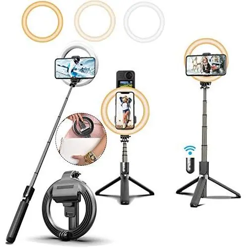 Selfie Stick with 6&quot Ring Light,Tripod and Phone Holder,3 in 1 Portable LED Fill Light Selfie Stick Tripod Bluetooth Remote Control,Dimmable 3 Colors for YouTube TikTok Videos Live Stream Make-up