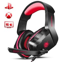 Xbox One Gaming Headset, PHOINIKAS H1 Wired Gaming Headset for PS4, PC, Laptop, Mac, iPad, Nintendo Switch Games, Over Ear Headphone with Microphone, Bass 5.1 Surround, LED Light, Gift for Kids (Red)