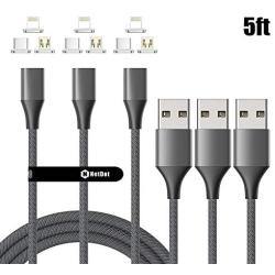 NetDot Gen10 3 in 1 Nylon Braided Magnetic Fast Charging Cable with Side LED Compatible with Micro USB & USB-C Smartphones and i-Product(5ft/3 Pack Gray)