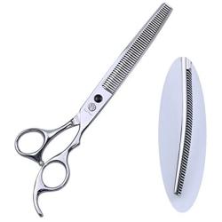 Purple Dragon 7.5 inch Professional Silver Downward Curved Pet Grooming Thinning Scissors - Dog Dense Tooth Blending Shears - Perfect for Pet Groomer or Family DIY Use