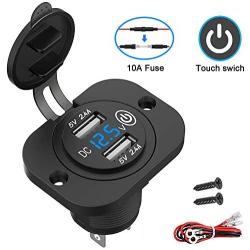 [Upgraded Version]Qidoe 12V/24V USB Socket Outlet with Touch Switch and Digital Voltmeter, Dual 2.4A USB Car Charger with Waterproof Cover and Panel for Motorcycle ATV Camper Tractor Truck Marine Boat