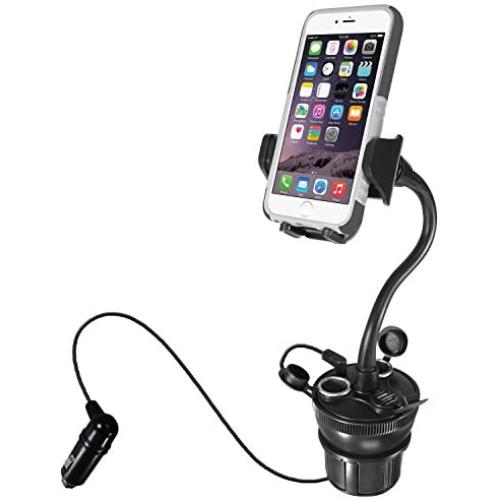 Macally Car Cup Holder Phone Mount with 2 USB Charging Ports & 2 Cigarette Lighter Sockets - Adjustable Cup Phone Holder for Car with 8” Long Neck and 360° Rotatable Base - Fits Phones Up to 4.1” Wide