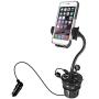 Macally Car Cup Holder Phone Mount with 2 USB Charging Ports & 2 Cigarette Lighter Sockets - Adjustable Cup Phone Holder for Car with 8” Long Neck and 360° Rotatable Base - Fits Phones Up to 4.1” Wide
