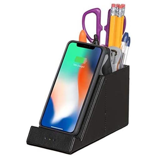 Pen & Pencil Holder QI Wireless 10W Fast Charger: Desk Organizer Home Office Birthday for Husband Men & Woman; Stationary & Paper Clip Holder (NO A/C Adapter)