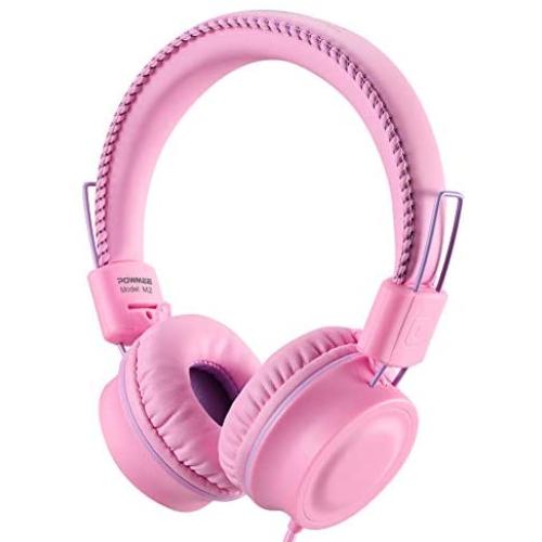 POWMEE M2 Kids Headphones Wired Headphone for Kids,Foldable Adjustable Stereo Tangle-Free,3.5MM Jack Wire Cord On-Ear Headphone for Children/Teens/Girls/School/Kindle/Airplane/Plane/ (Pink)