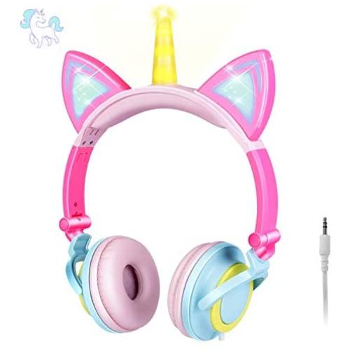 ONTA Unicorn Kids Headphones, Cat Ear LED Light Up Foldable Earphone Wired Over On Ear for Girls Boys,Kids Headband Toddler Tablet for School Supply/Travel/Holiday/Birthday/Cosplay Gifts