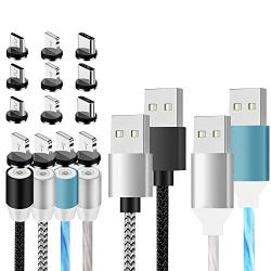 Magnetic Charging Cable, 4 pcs 3 in 1 Magnetic Phone Charger Cable LED Flowing USB Fast Magnetic Charger Nylon Braided Cord Compatible with Micro USB Type C iProduct 2 x 3.3ft 2 x 6.6ft