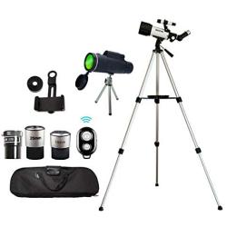 Astronomical Telescopes + Monocular Travel Scope 70mm Aperture 400mm AZ Mount Astronomical Refractor Telescopes for Kids Adults Beginners - Portable Bag, Smartphone Adapter, Camera Remote