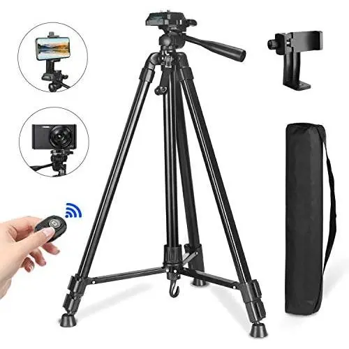 PEYOU Compatible for iPhone Camera Tripod, 62" Lightweight Aliminum Travel Camera Tripod Stand with Carry Bag + Wireless Remote + Phone Holder Mount Compatible for iPhone, Samsung & Android Phone PEYOU Compatible for iPhone Camera Tripod, 62" Lightweight Aliminum Travel Camera Tripod Stand with Carry Bag + Wireless Remote + Phone Holder Mount Compatible for iPhone, Samsung & Android Phone