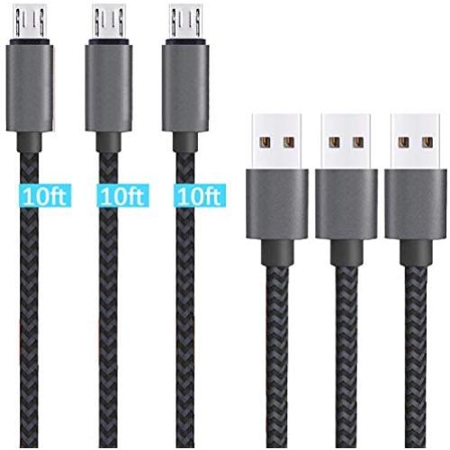 Micro USB Cable 10ft 3Pack by Ailun High Speed 2.0 USB A Male to Micro USB Sync Charging Nylon Braided Cable for Android Phone Charger Cable Tablets Wall and Car Charger Connection BlackGrey