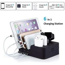 KeyEntre 6 Port USB Charging Station Multi Device USB Charging Dock Station HUB Desktop Charger Stand Organizer Compatible for iPhone ipad Airpods iwatch Kindle Tablet Multiple Devices, Black