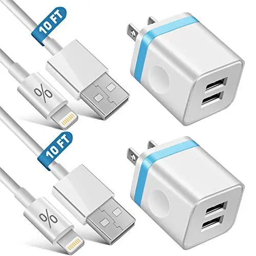 LUOSIKE iPhone Charger, 2-Pack 10 FT Long Lightning Cable Fast Charging Sync Cord with 2X Dual USB Wall Charger Plug Compatible with iPhone 11 Xs Max XR X 8 7 6S Plus SE iPad Mini Air Pro (4 in 1)