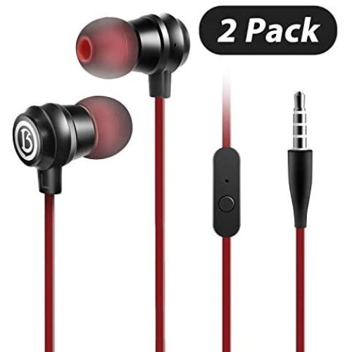 Wired Earbuds with Built-in Mic&Volume Control, 3.5mm Jack Headphones, Noise Canceling Earphones [2 Pack], Dark Red