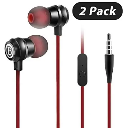 Wired Earbuds with Built-in Mic&Volume Control, 3.5mm Jack Headphones, Noise Canceling Earphones [2 Pack], Dark Red