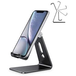 Adjustable Cell Phone Stand, OMOTON Aluminum Desktop Cellphone Stand with Anti-Slip Base and Convenient Charging Port, Fits All Smart Phones, Black