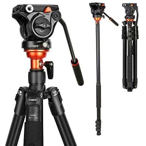 Fluid Head Tripod, COMAN Video Tripod Aluminium Alloy 70.8 inch for Canon Nikon Sony DSLR Camera